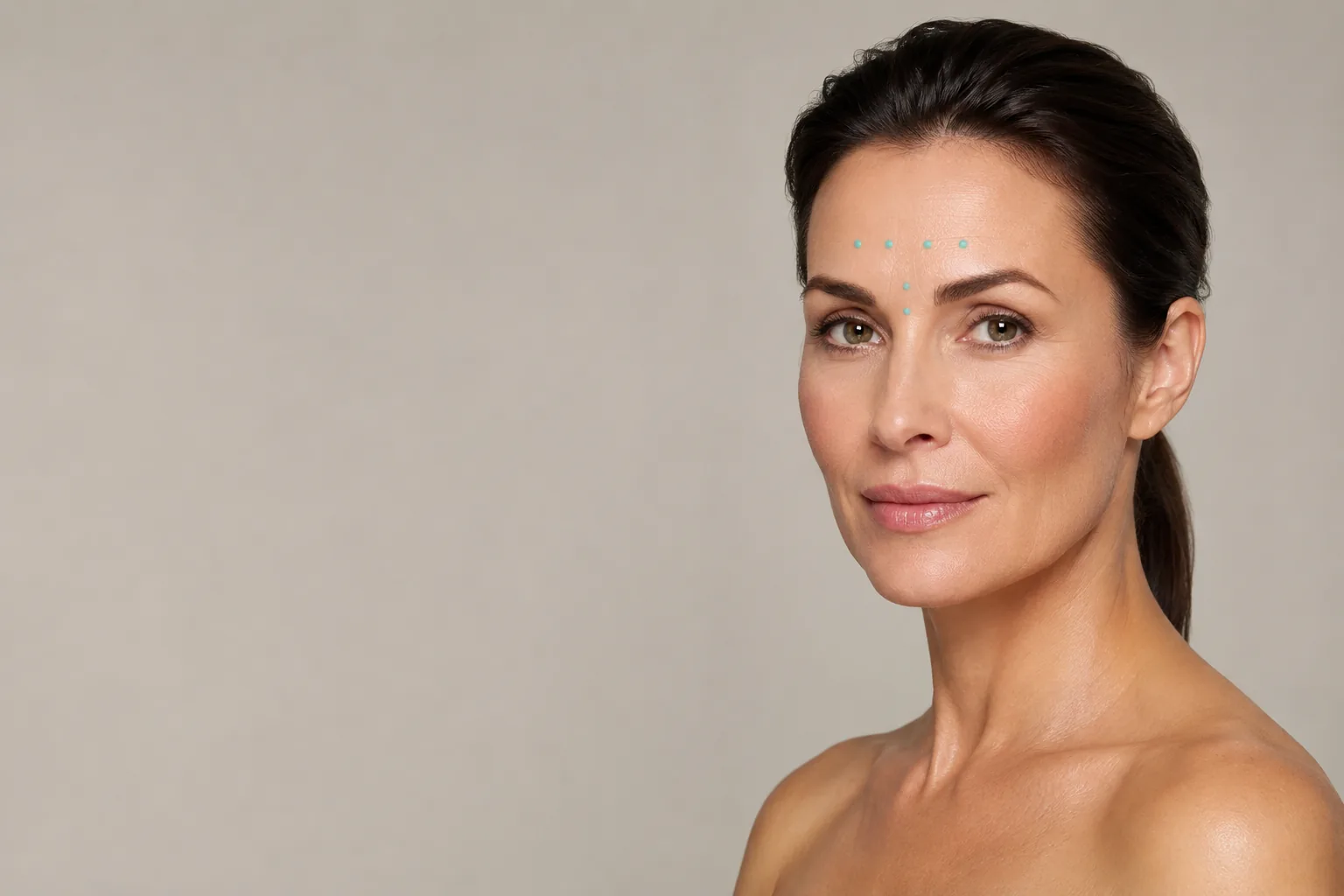 Portrait einer Frau, die Behandlungspunkte auf der Stirn und zwischen den Brauen sind markiert