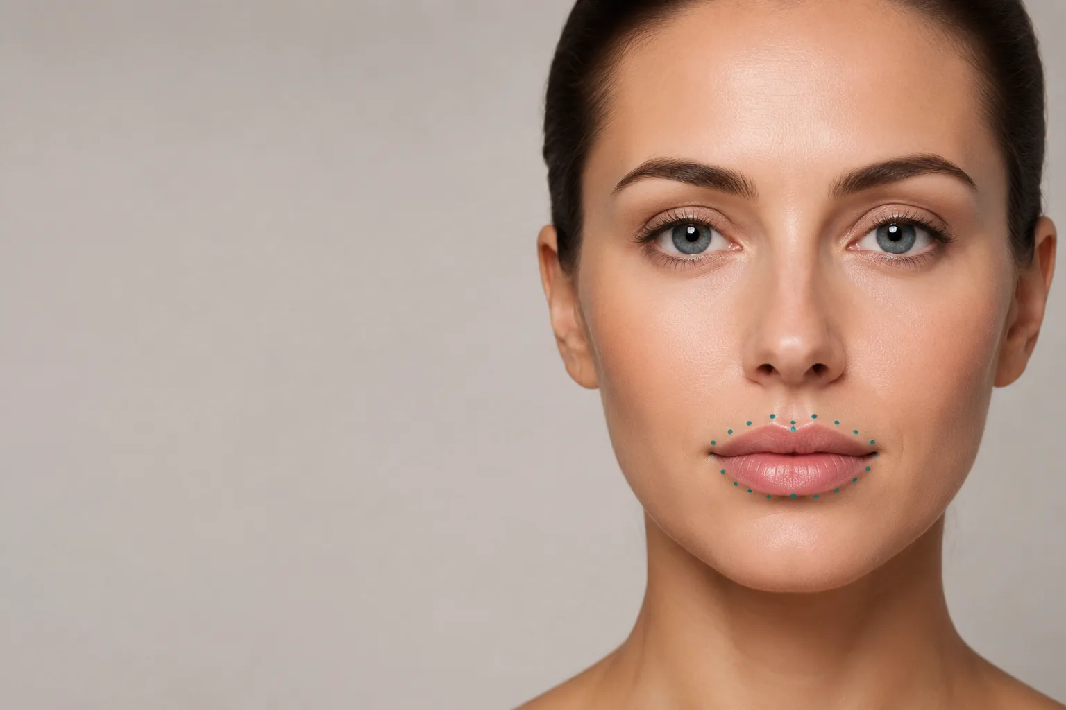 Portrait einer Frau, die Behandlungspunkte entlang der Lippenkontur sind markiert