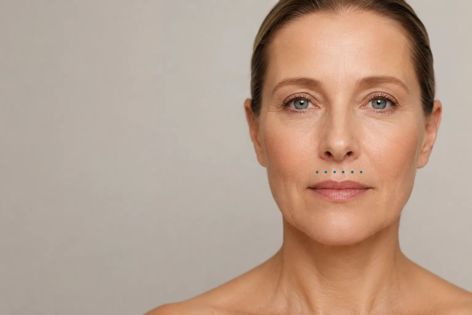 Frau im Portrait, Markierungspunkte in einer Reihe über der Oberlippe