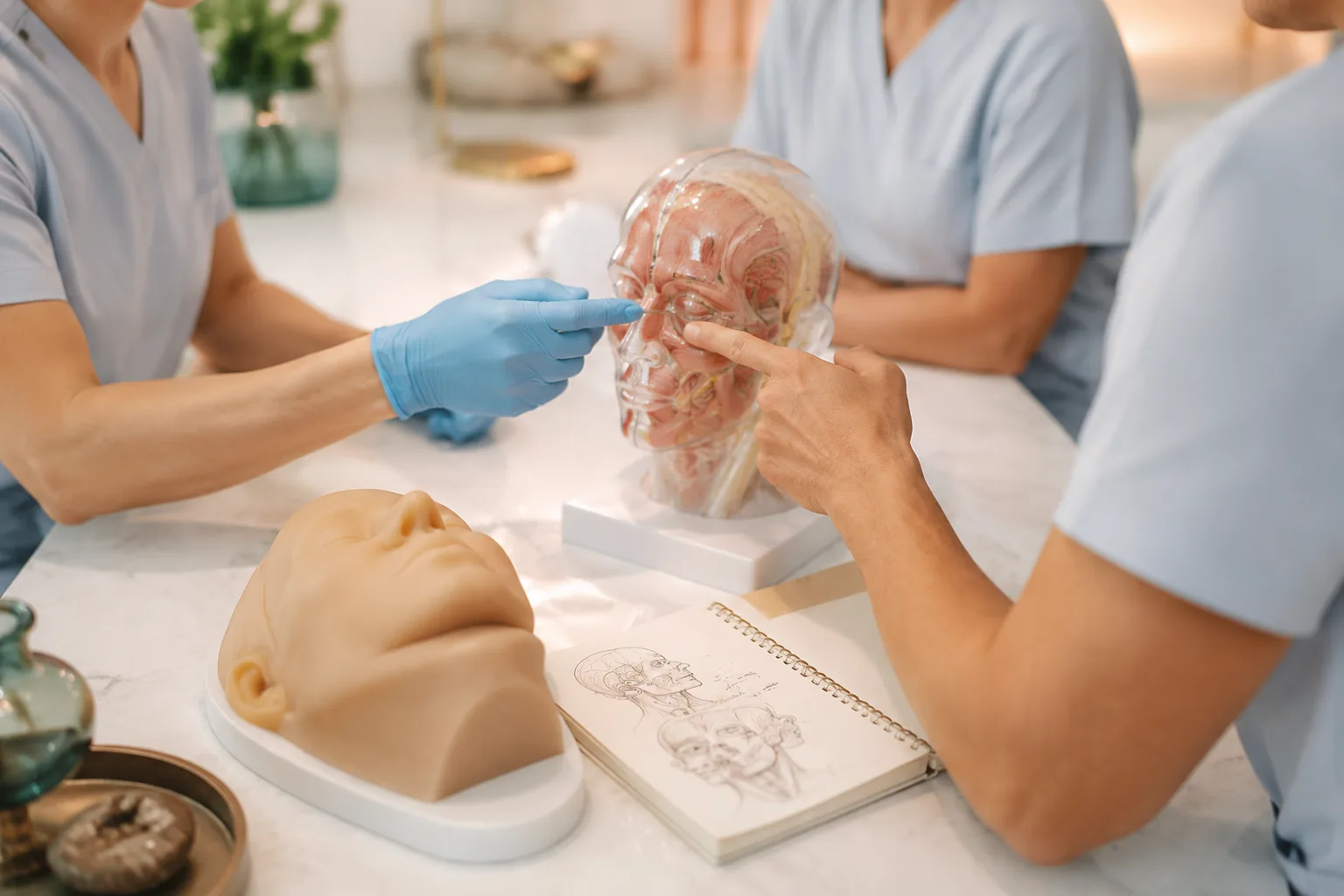 Seminarteilnehmende an einem anatomischen Modell und einem Trainingskopf